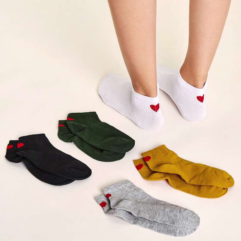 

5pairs Heart Print Ankle Socks, Multicolor