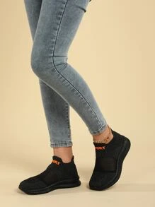 字母圖案一腳蹬針織跑鞋 - 黑色 - 查看 2