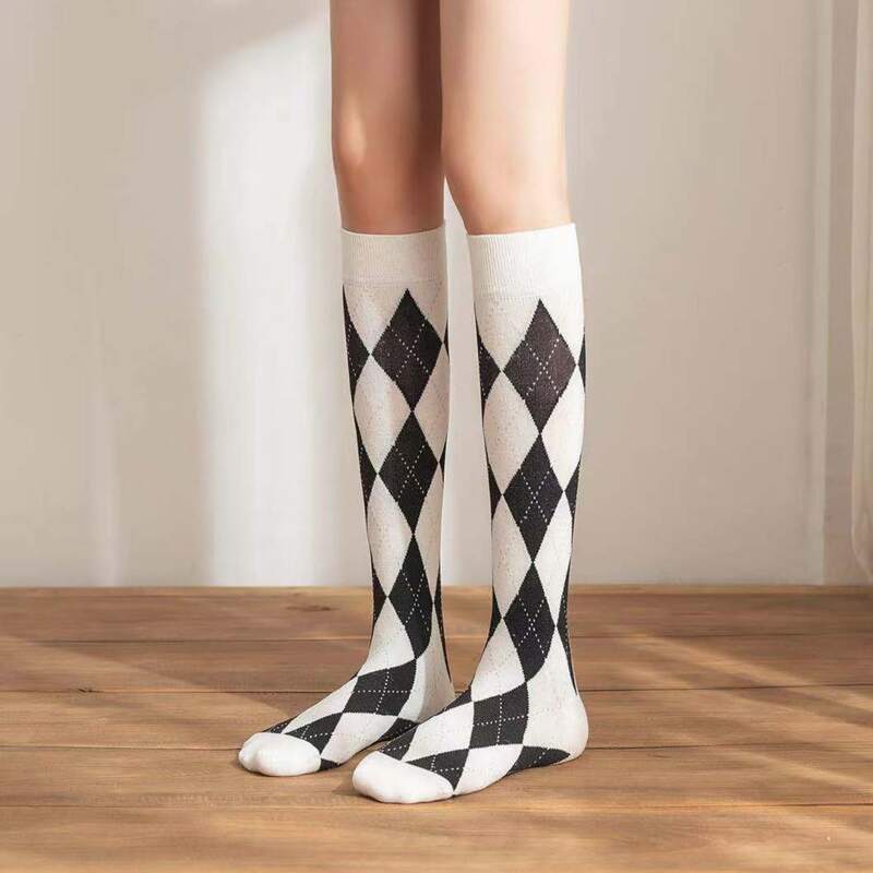 

Plaid Print Over The Calf Socks, Black and white