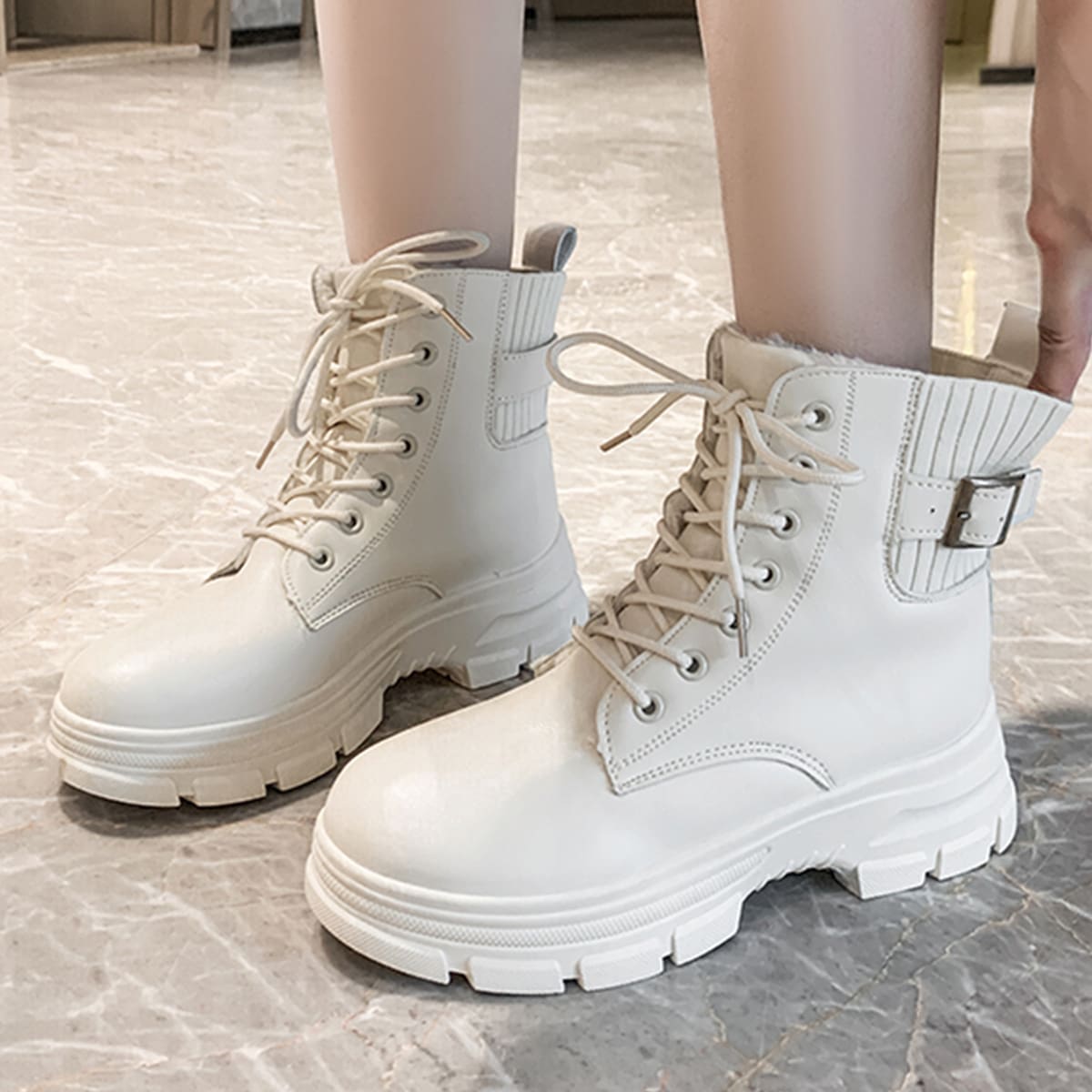 

Buckle Decor Combat Boots, Beige