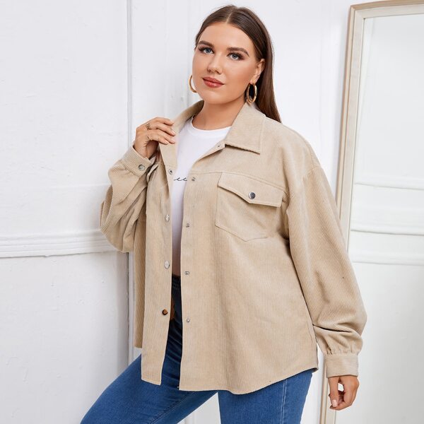 

Plus Drop Shoulder Flap Pocket Corduroy Jacket, Khaki