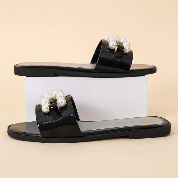 

Faux Pearl Decor Flat Sandals, Black