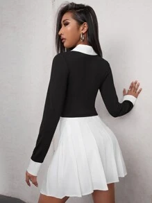 Contrast Collar Crop Tee & Pleated Skirt - Black and White - View 2