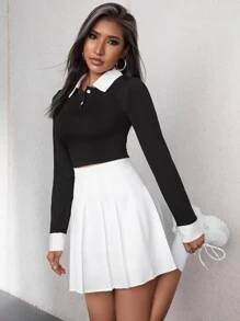 Contrast Collar Crop Tee & Pleated Skirt - Black and White - View 5