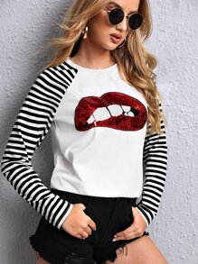 SHEIN LUNE Sequin Lip Patched Striped Raglan Sleeve Tee - White - View 1