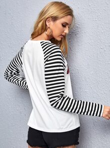 SHEIN LUNE Sequin Lip Patched Striped Raglan Sleeve Tee - White - View 2