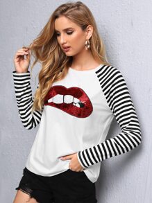 SHEIN LUNE Sequin Lip Patched Striped Raglan Sleeve Tee - White - View 3