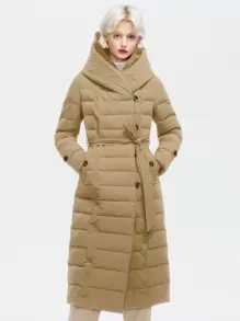 ZIAI Women's Fashionable Quilted Hooded Jacket, Mid-Length With Pockets And Regular Sleeves - Khaki - View 2