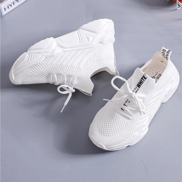 

Letter Graphic Lace Up Front Knit Sneakers, White