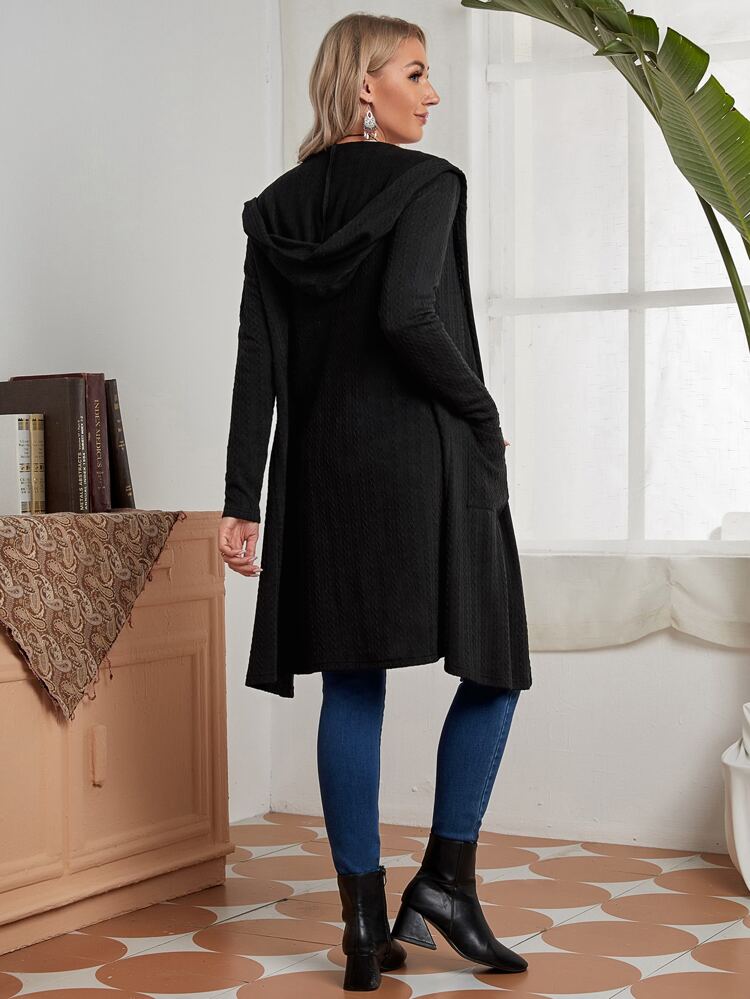 Płaszcz z kapturem i łatkami na kieszeniach, otwarty z przodu, jesień/zima