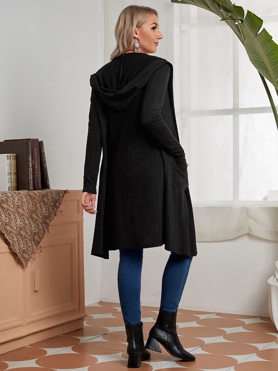 Pocket Patched Open Front Hooded Coat In Fall/Winter