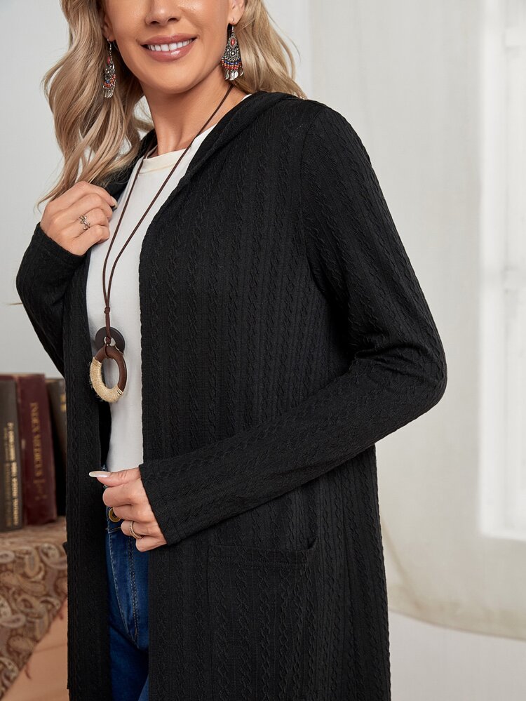 Płaszcz z kapturem i łatkami na kieszeniach, otwarty z przodu, jesień/zima