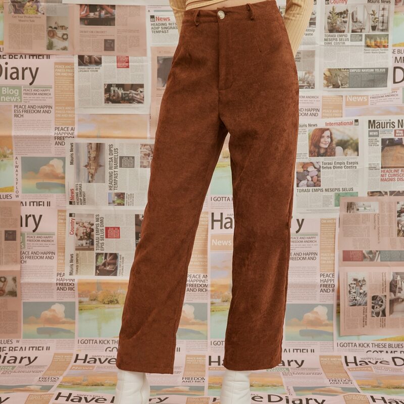 

Solid Corduroy Straight Leg Pants, Brown