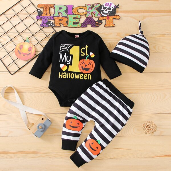 

Baby Boy Halloween Print Bodysuit & Pants Set, Black and white