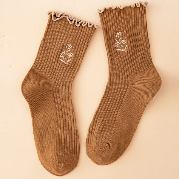 

Flower Embroidered Crew Socks, Maroon