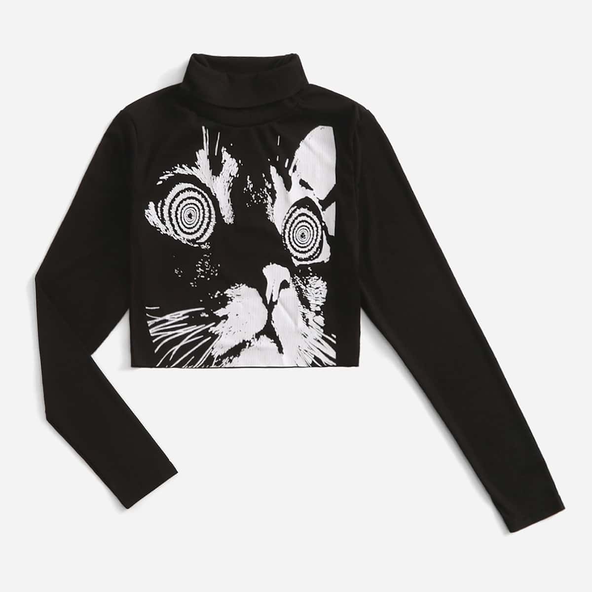 

Cat Graphic Ribbed Crop Tee, Black
