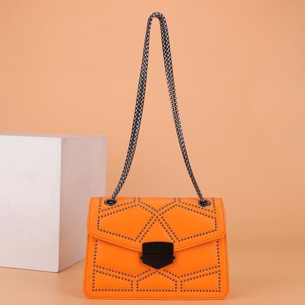 

Geometric Studded Decor Chain Square Bag, Orange