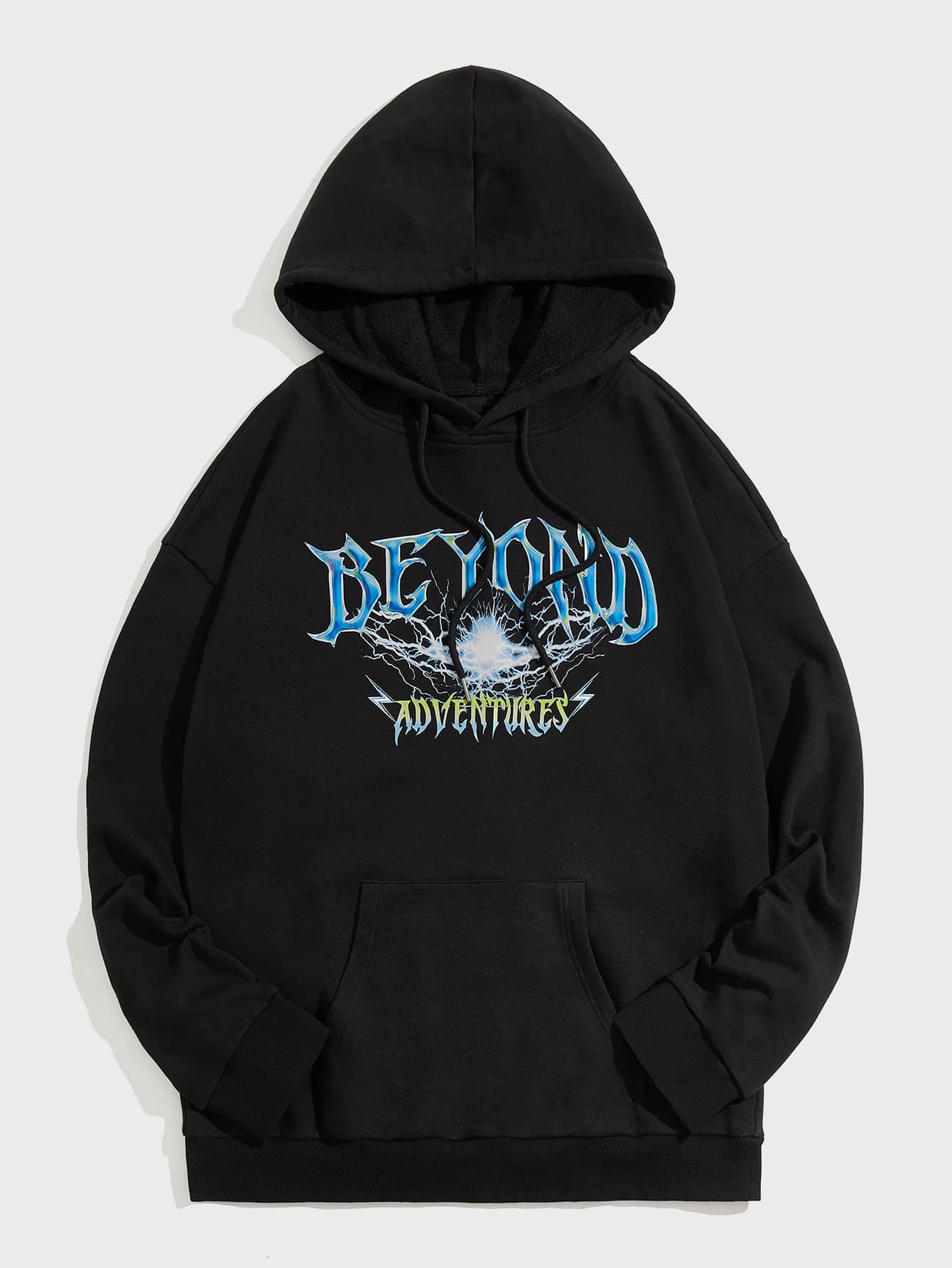 Manfinity Men Lightning And Letter Graphic Drawstring Hoodie - Black - View 1