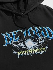 Manfinity Men Lightning And Letter Graphic Drawstring Hoodie - Black - View 3