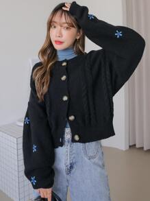 DAZY Floral Embroidery Drop Shoulder Cardigan - Black - View 1
