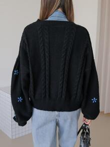 DAZY Floral Embroidery Drop Shoulder Cardigan - Black - View 2