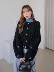 DAZY Floral Embroidery Drop Shoulder Cardigan - Black - View 3
