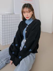 DAZY Floral Embroidery Drop Shoulder Cardigan - Black - View 4