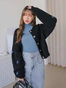 DAZY Floral Embroidery Drop Shoulder Cardigan - Black - View 5