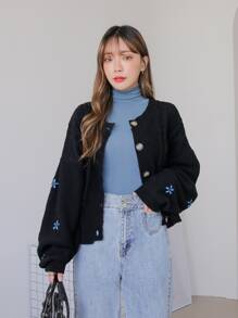 DAZY Floral Embroidery Drop Shoulder Cardigan - Black - View 6