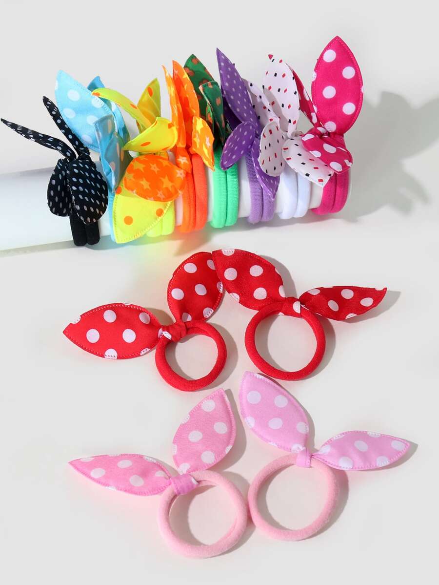 20pcs Girls Polka Dot & Star Pattern Bow Hair Ties, Colorful Fabric Rabbit Ear Hair Ropes - Multicolor - View 1