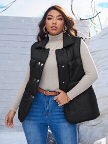 SHEIN Plus Flap Pocket Puffer Gilet - Black - View 4
