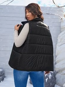 SHEIN Plus Flap Pocket Puffer Gilet - Black - View 2
