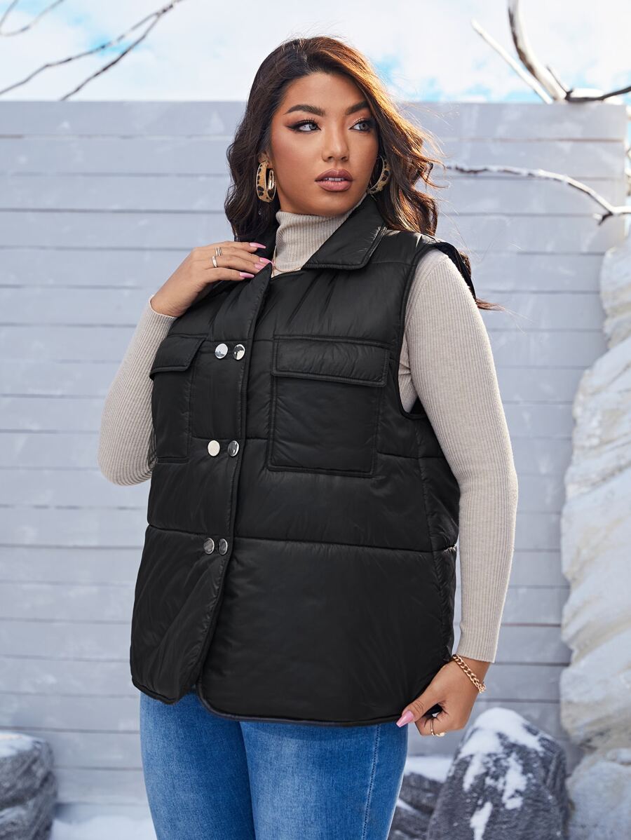 SHEIN Plus Flap Pocket Puffer Gilet - Black - View 1