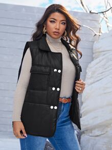 SHEIN Plus Flap Pocket Puffer Gilet - Black - View 5