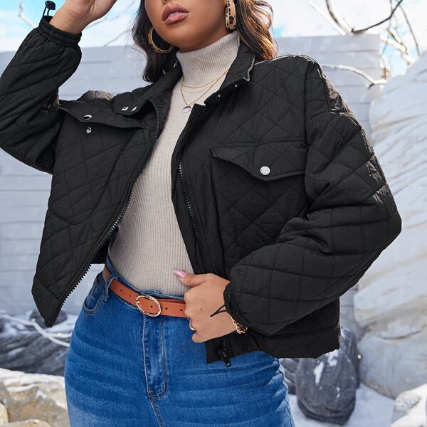

Plus Flap Pocket Drop Shoulder Quilted Coat, Black