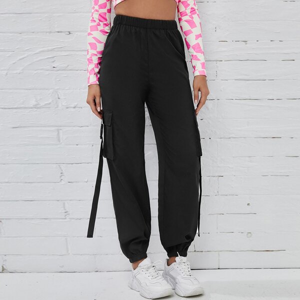 

High Waist Buckled Flap Pocket Pants, Black
