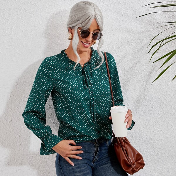 

Allover Print Frill Trim Tie Neck Flounce Sleeve Blouse, Green