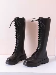 Giày cao đến đầu gối đế dày mùa thu đông có khóa kéo bên hông, bốt da Pu thoải mái, màu đen - màu đen - Xem 2
