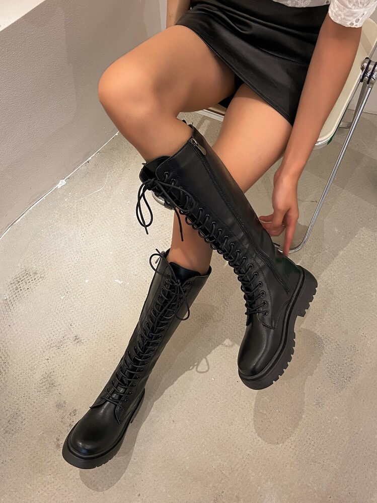 Women's Autumn And Winter Thick Sole Knee-high Boots With Side Zipper, Comfortable Pu Leather Booties, Black - Black - View 2