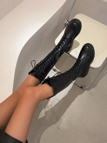 Giày cao đến đầu gối đế dày mùa thu đông có khóa kéo bên hông, bốt da Pu thoải mái, màu đen - màu đen - Xem 4