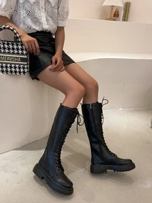 Giày cao đến đầu gối đế dày mùa thu đông có khóa kéo bên hông, bốt da Pu thoải mái, màu đen - màu đen - Xem 5