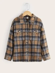 SHEIN Girls Plaid Drop Shoulder Tweed Overcoat - Multicolor - View 1