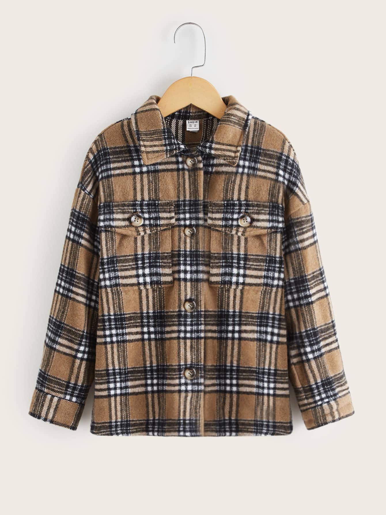 SHEIN Girls Plaid Drop Shoulder Tweed Overcoat - Multicolor - View 1