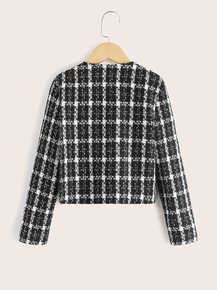 SHEIN 女孩格紋圖案粗花呢花呢外套 - 黑與白 - 查看 2