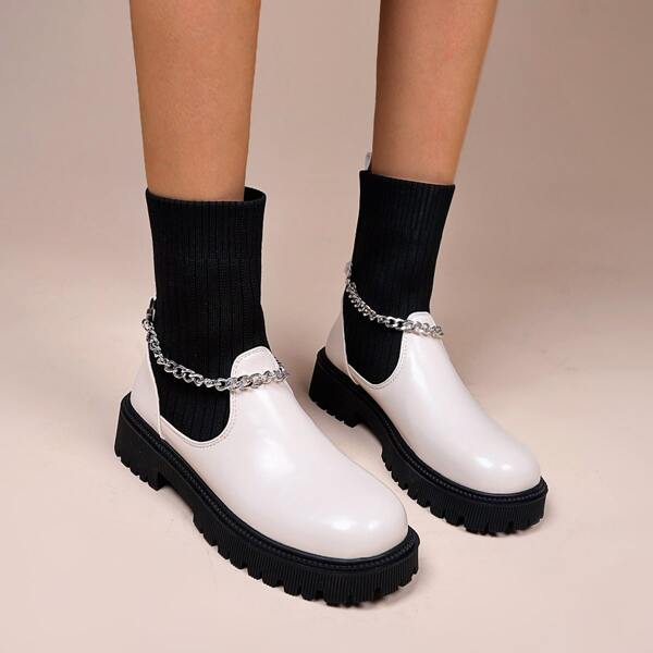 

Chain & Faux Pearl Decor Sock Boots, White