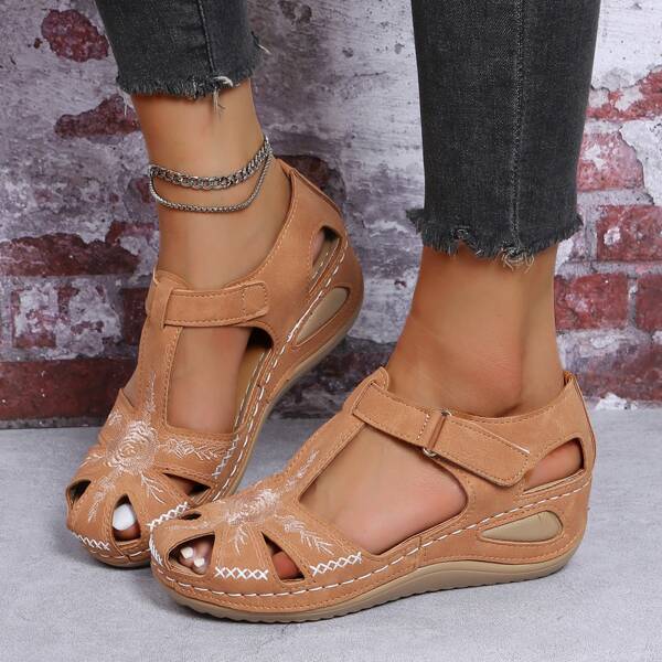 

Flower Embroidery Velcro Strap Hollow Out Flatform Sandals, Brown
