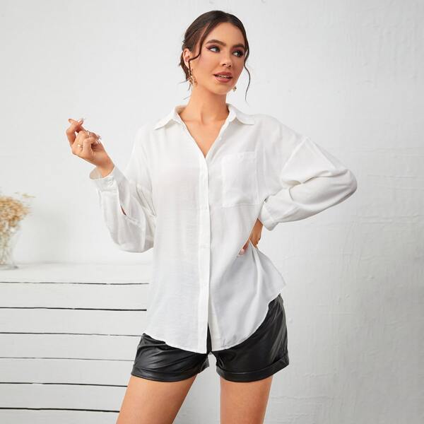

Solid Single Breasted Placket Blouse, White