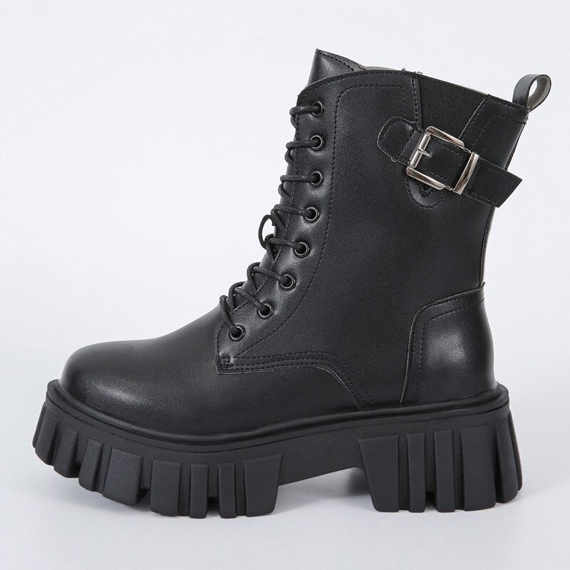 

Buckle Decor Lace-up Platform Combat Boots, Black