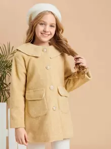 SHEIN 女孩翻蓋口袋褶皺細節花呢外套