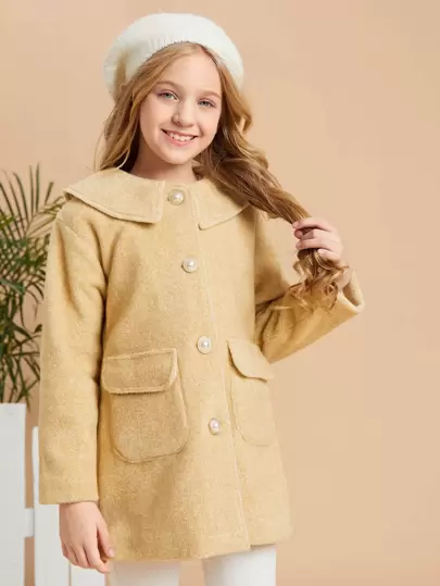 SHEIN Girls Flap Pocket Fold Pleated Detail Overcoat